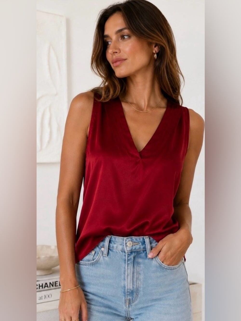 Antonio Melani Ruby Red Silk Blend Sleeveless Blouse Size Medium